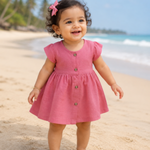 Premium Baby Muslin Cotton Pink Button Frock | Soft Breathable Summer Dress for Baby Girls (0–12 Months)
