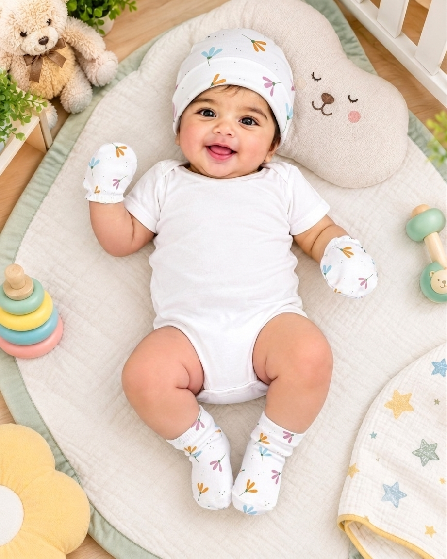 Baby Cap, Mittens & Socks Set I Bloosms I Comfortable baby-friendly fit
