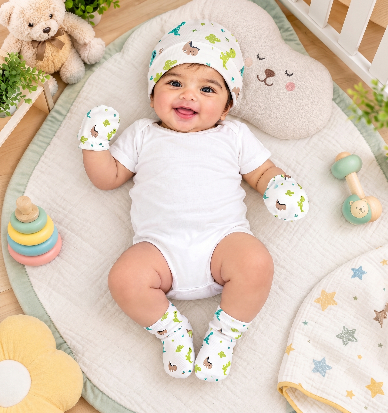 Baby Cap, Mittens & Socks Set I Dinoworld I Comfortable baby-friendly fit